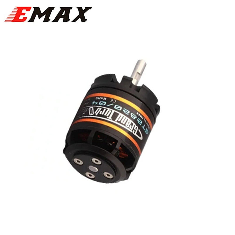 EMAX brushless RC motor with silver shaft, black casing, orange label ring