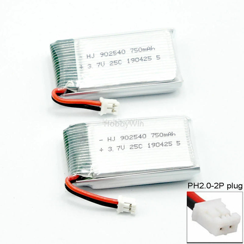 2Pack 3.7V 750mAh 25C LiPO Battery PH2.0 plug for RC Mini Airplane Copter Drone