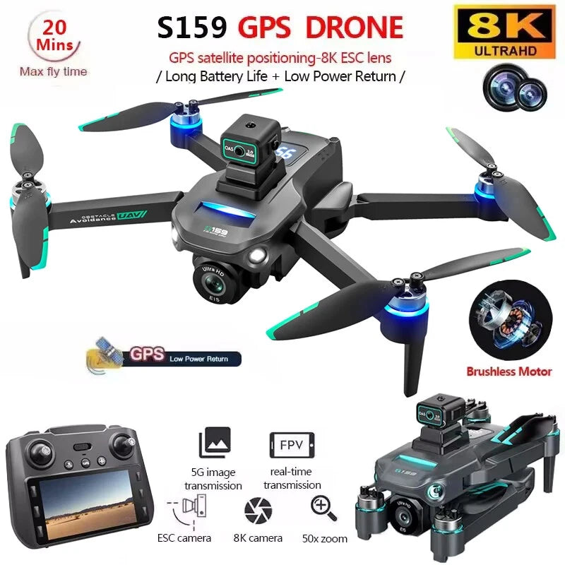 Foldable quadcopter drone with controller, dark body and blue prop lights, dual cameras.