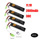 Four black 11.1V 2000mAh 30C LiPo RC batteries with Tamiya plug and JST connectors