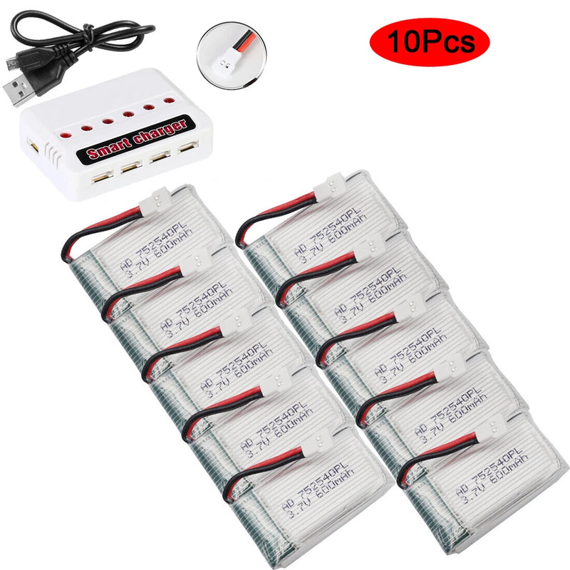Charger+10pcs 3.7V 600mAh 25C Lipo Battery For Syma X5C X5SC RC Quadcopter Drone Battery