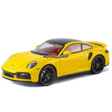 Yellow diecast sports car model, black wheels, front side view