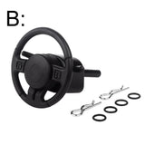 Black plastic RC steering wheel with center hub, mounting rod, and hardware rings