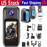 Black mini action camera with screen, front lens, mount accessories, and 64GB microSD card