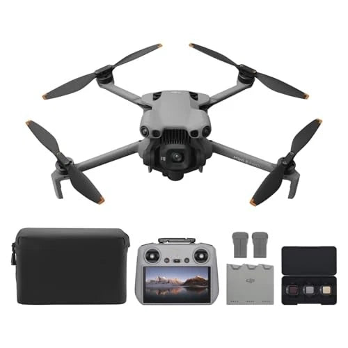 Foldable DJI drone with 4 propellers, remote controller, storage case, and spare batteries