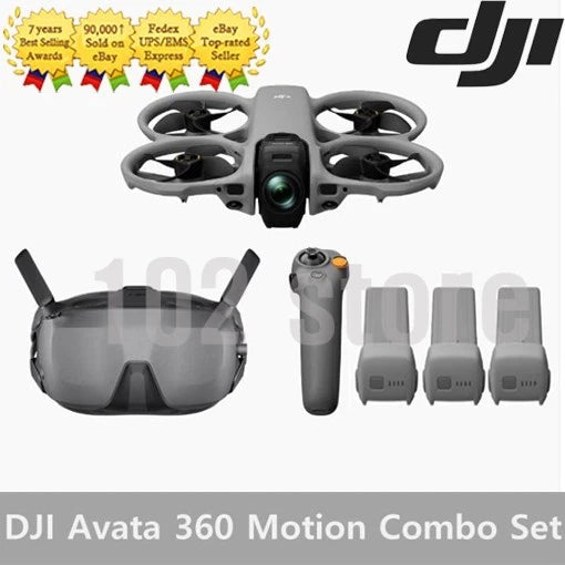 Drone motion combo set with gray quadcopter, goggles, controller, and 3 batteries