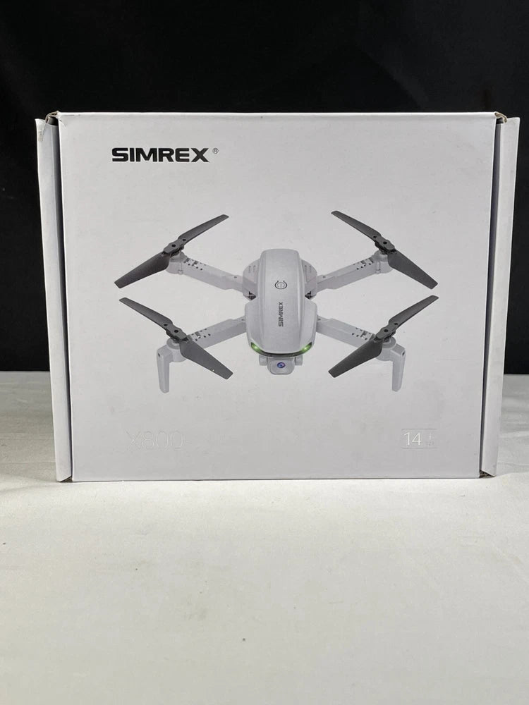 Simrex X800 gray foldable quadcopter drone box with camera illustration