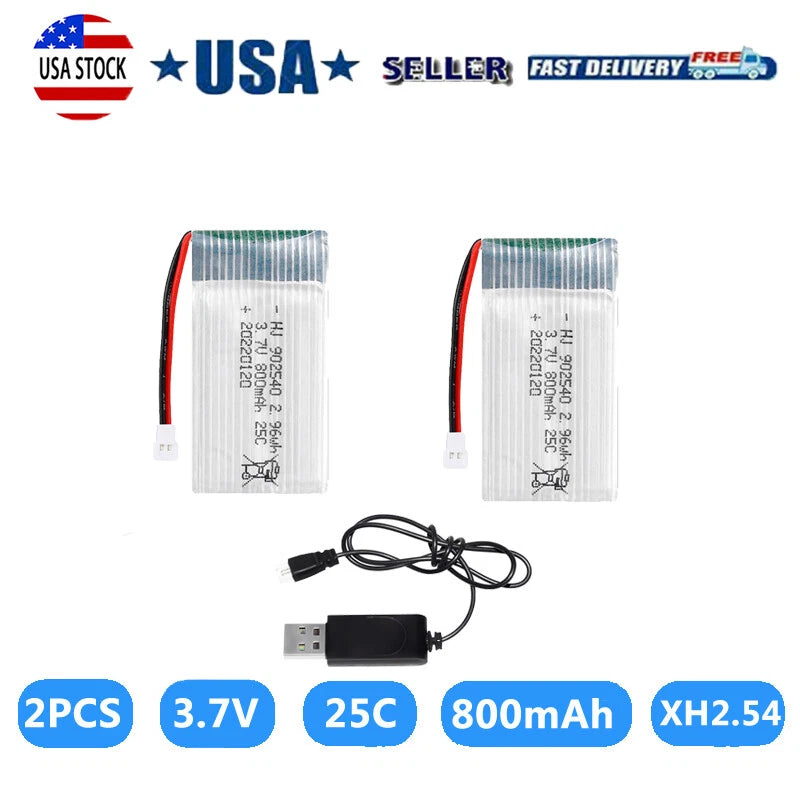 800mAh 25C 902540 3.7V LiPo Battery + USB Charger Drone JST/SM Plug For Syma Battery