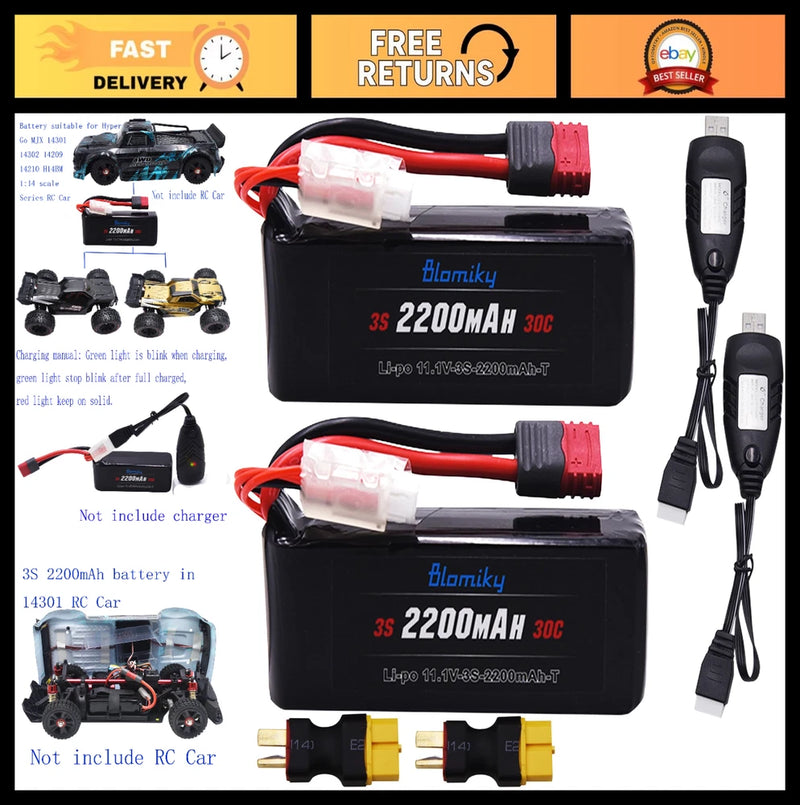 2 Pack 11.1V 3S 2200mAh 30C Li-Po Shorty Battery T Plug + XT60 Converter for RC Converter