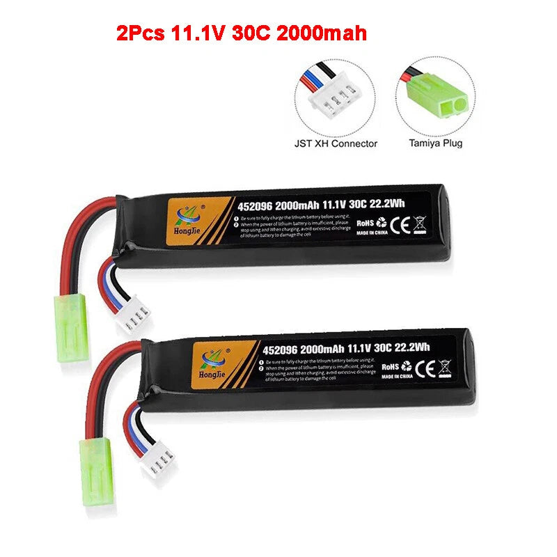 2Pcs 11.1V Airsoft Battery 2000mAh 30C Hobby LiPo Battery with Mini Tamiya Plug