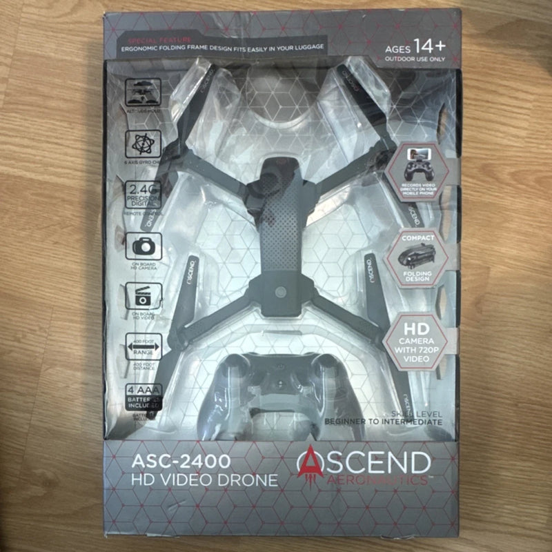 ASCEND Aeronautics ASC-2400 HD video drone box with foldable drone illustration