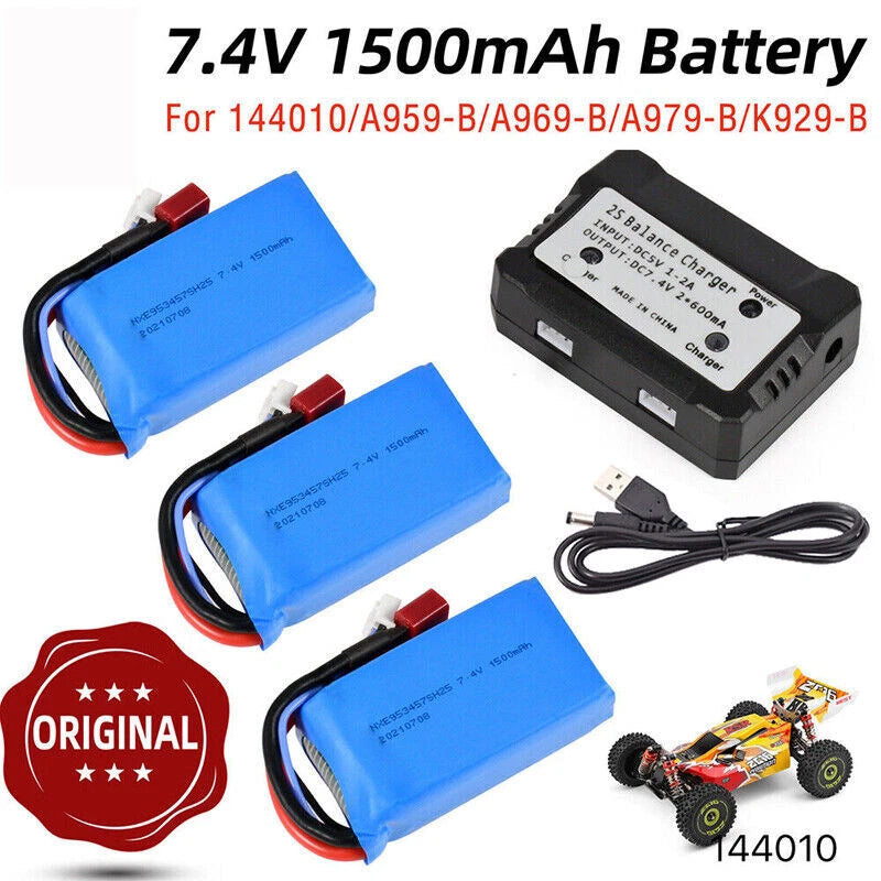 7.4V 1500mAh LiPo battery pack set with multiple blue packs, wires, and black charger