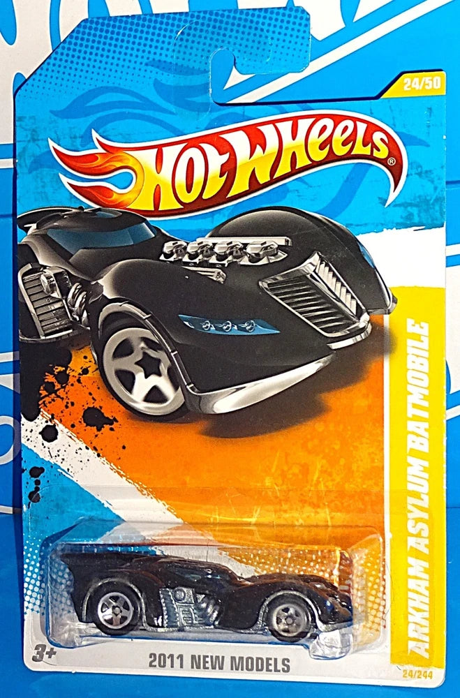 Hot Wheels Batmobile die-cast car, black with blue emblem and flame graphics