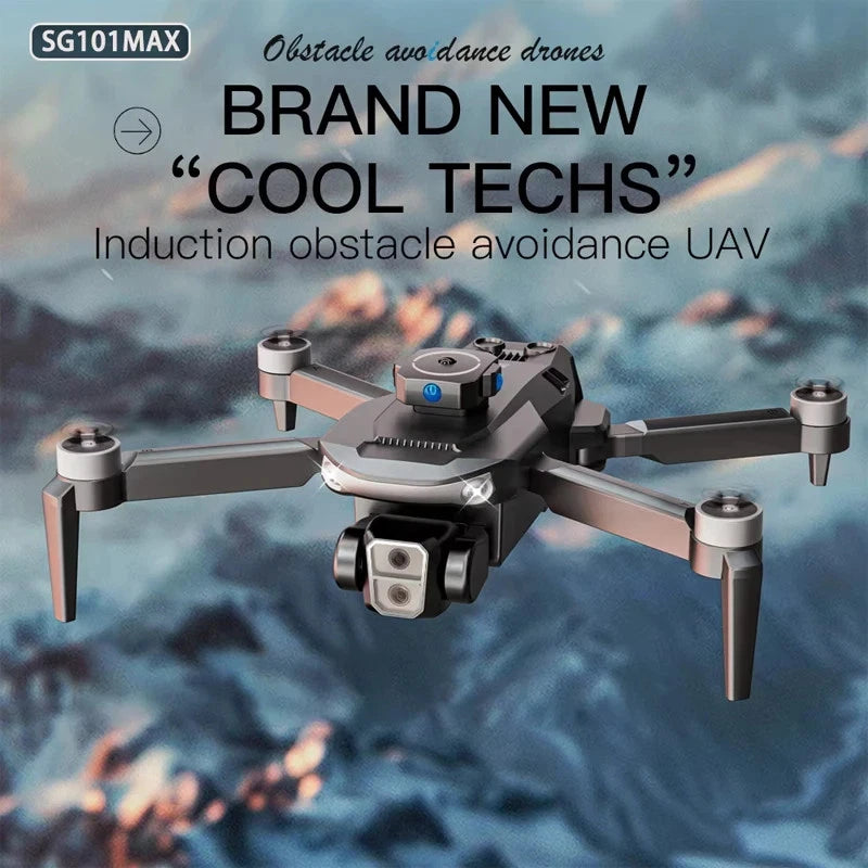 Foldable quadcopter drone with dual cameras, four arms and landing lights