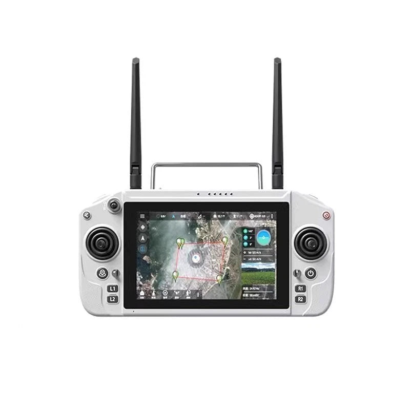 Gray handheld remote controller with 7-inch screen and two antennas
