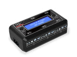 Black AC/DC LiPo battery charger with LCD screen and multiple charge ports