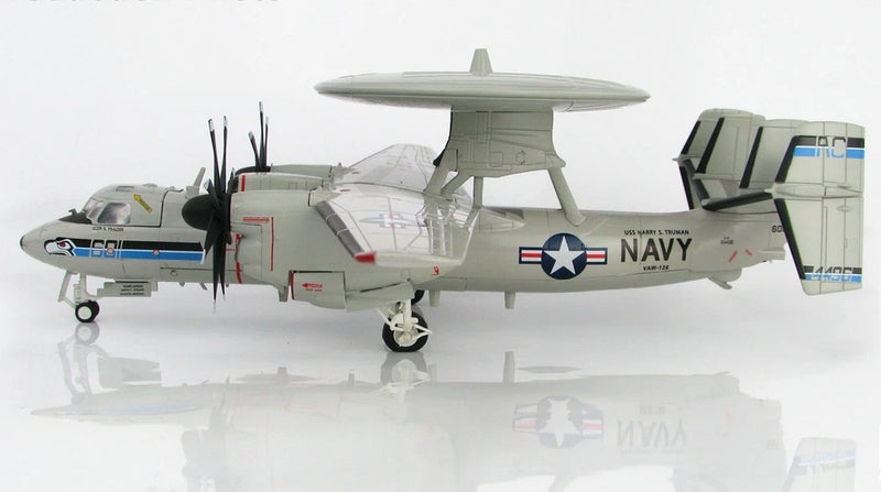 Hobby Master E-2C Hawkeye model plane in gray with US Navy markings, twin propellers
