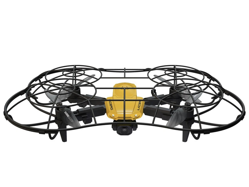 Yellow and black quadcopter drone with prop guards and front camera
