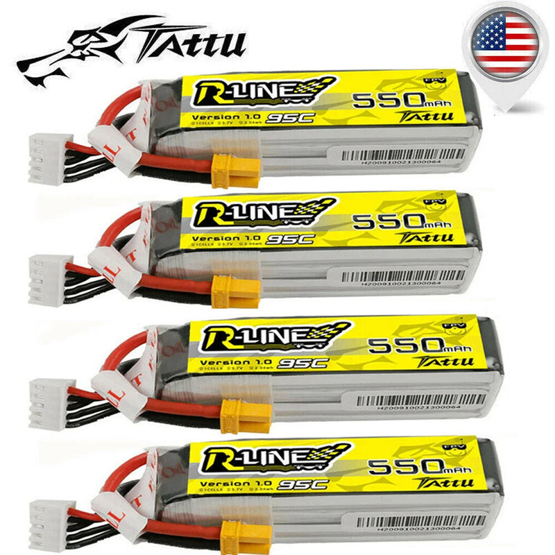 4X Tattu RLine 550mAh 14.8V 95C 4S Lipo Battery XT30 For FPV Racing Quadcopter Battery