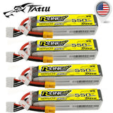 Tattu R-Line 4S 550mAh LiPo battery pack with white connector, yellow label, silver body
