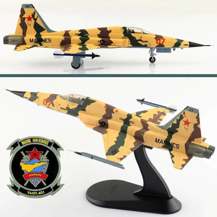 Tiger II jet fighter model with tan-and-brown camouflage, on black display stand