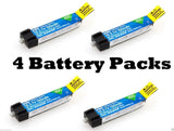 Four blue 1S LiPo battery packs with black connectors and yellow capacity labels