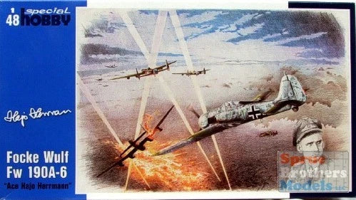 Focke Wulf Fw 190A-6 model kit box with illustrated fighter aircraft and pilot portrait