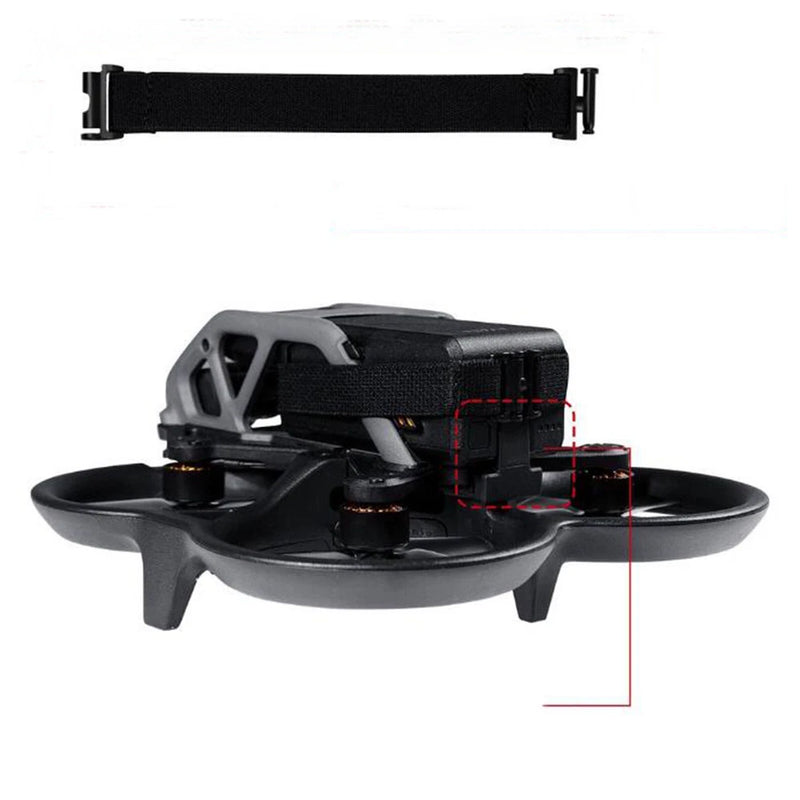 Anti-off elastic fixing belt strap for drone battery, black strap shown on drone