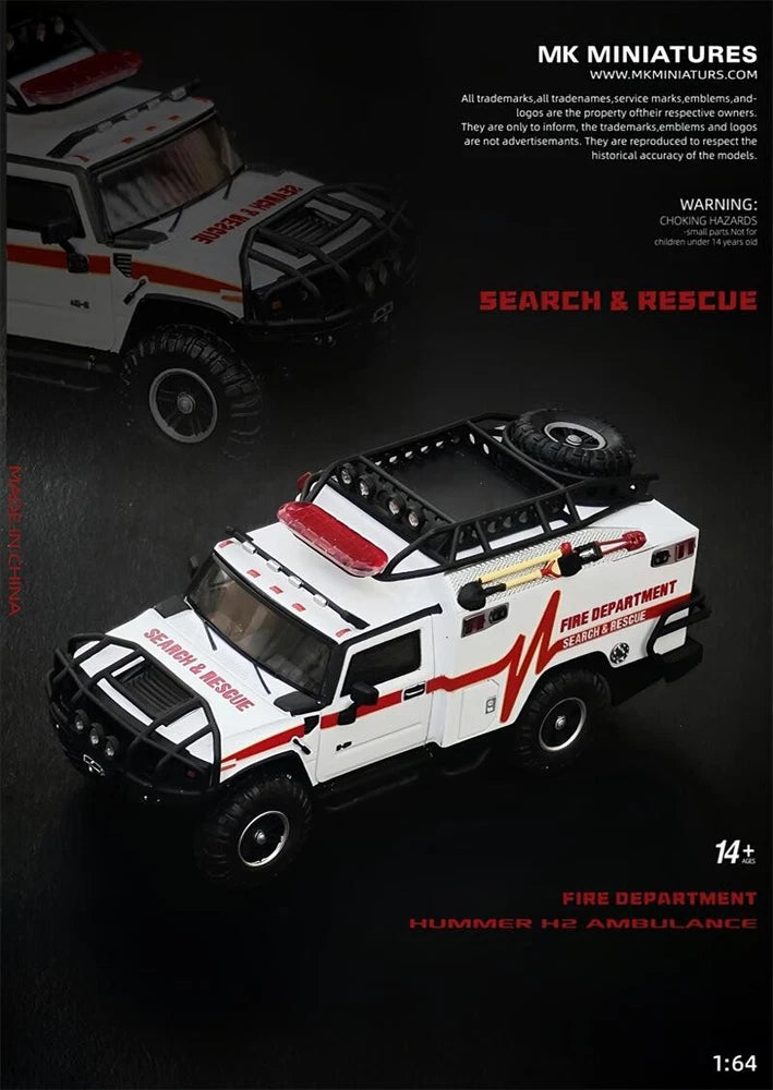 MK Miniature 1:64 Hummer H2 Ambulance White Diecast Model Car