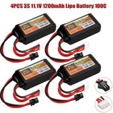 Set of 4 black 3S 11.1V LiPo RC batteries with red/black leads and SM plugs