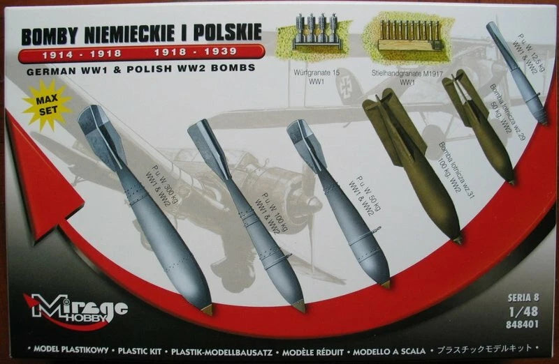 Scale model bomb kit in retail box with multiple WWII and WWI bomb shapes