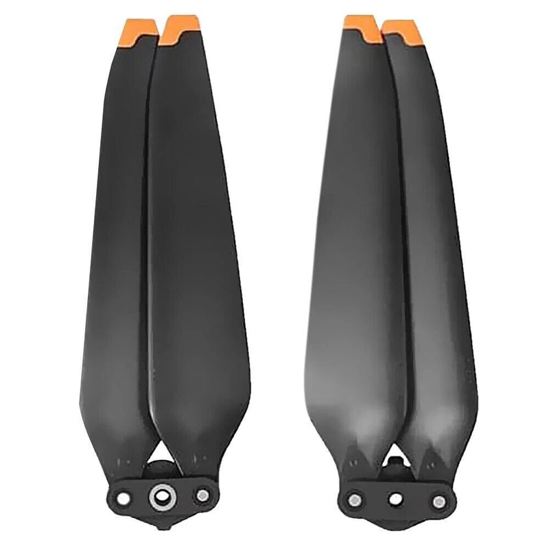 Pair of black two-blade drone propellers with orange tips