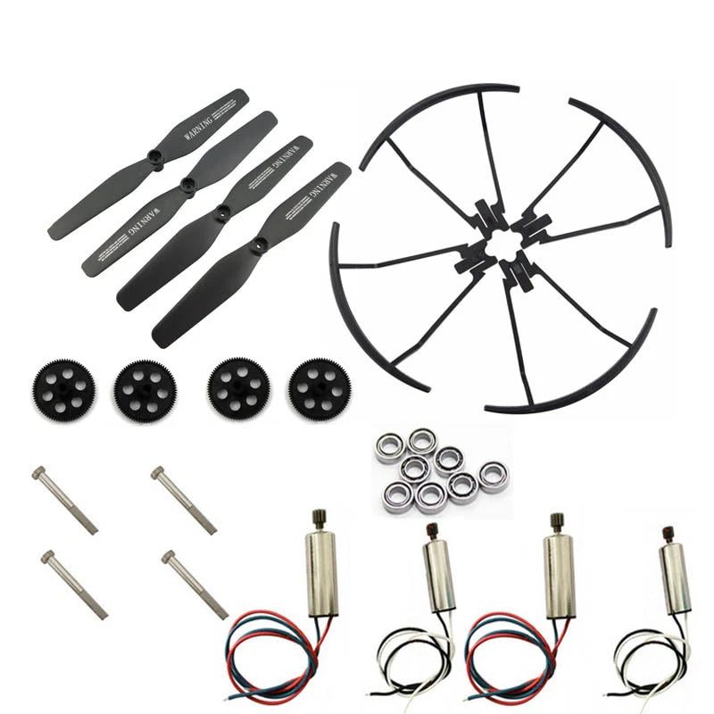 Motor upgrade kit with aluminum shaft, four propellers, bearings, screws, and wiring cables