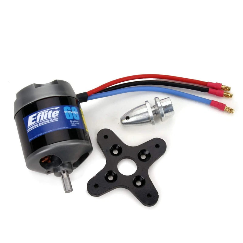 E-flite Power 60 brushless outrunner motor with wiring leads and mounting plate