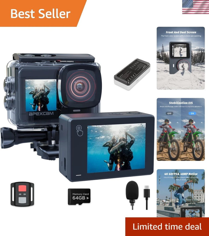 Dual Screen Action Cam 4K60FPS 8X Zoom EIS 48MP with 64GB Card Ultra HD WiFi ...