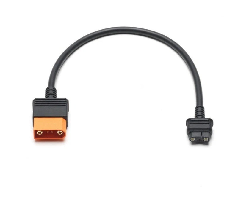 Drone charging cable with rectangular orange connector and coiled black wire