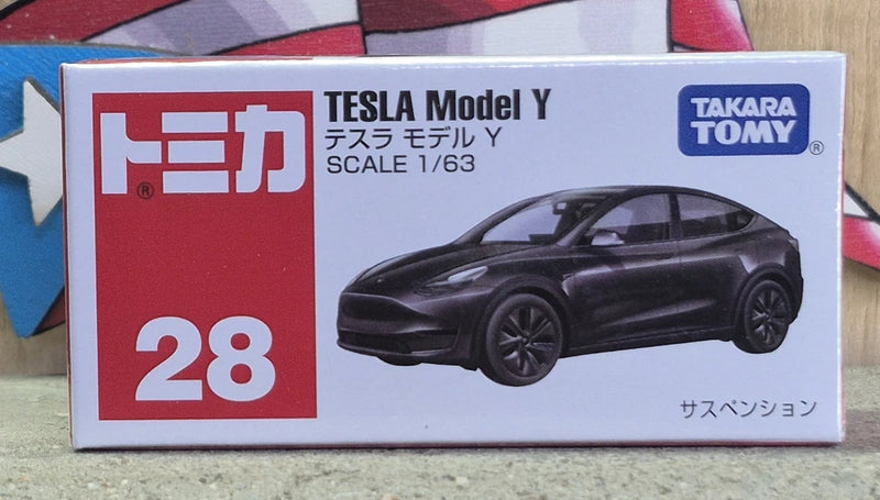 Tomica #28 Tesla Model Y 1/63 scale toy car in box, black, TAKARA TOMY