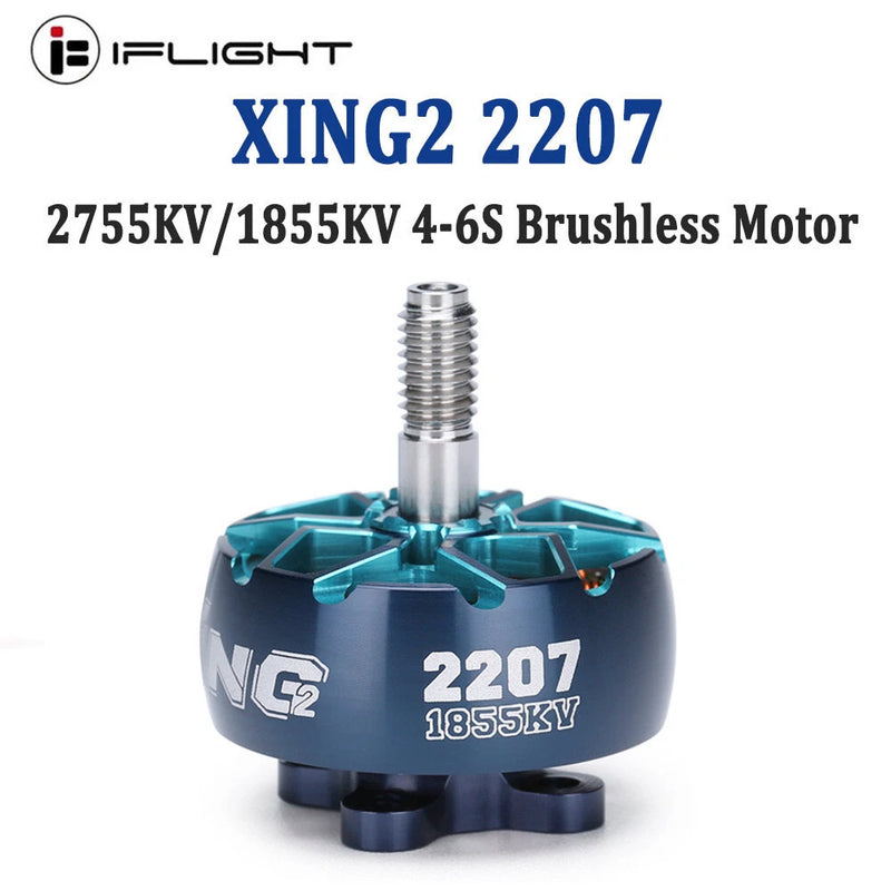 2207 brushless FPV motor with teal prop arms and silver shaft