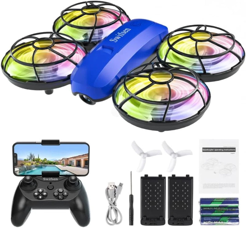 Blue indoor RC quadcopter drone set with four LED ring propellers and remote controller
