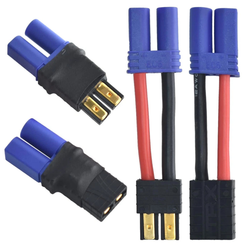 RC LiPo battery connector adapter, two-piece set: blue plugs with red/black wires