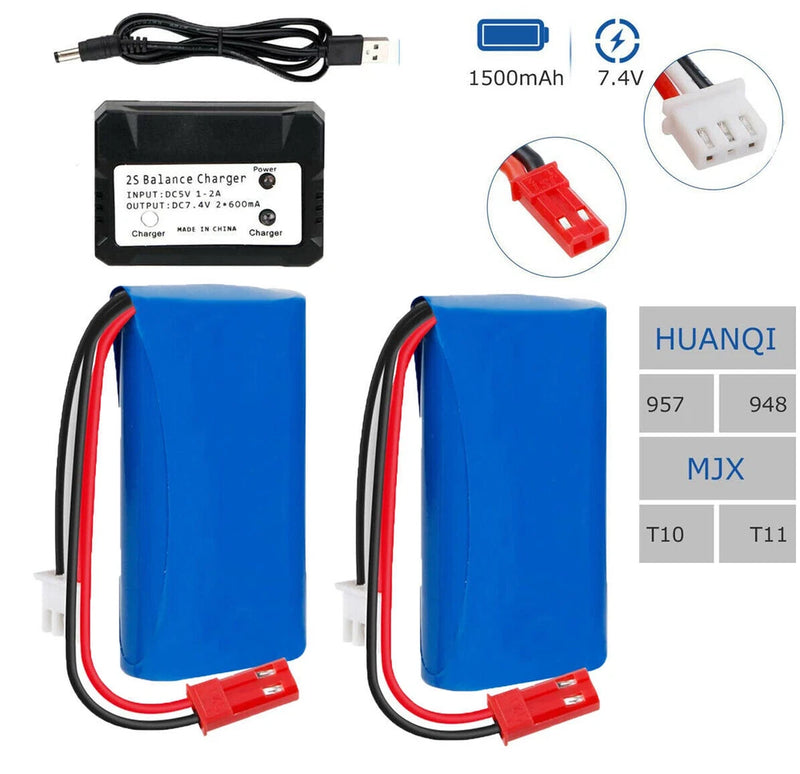 2pcs 7.4V 1500mAh Rechargeable 2S Li-ion Battery JST Plug For RC Car Boat