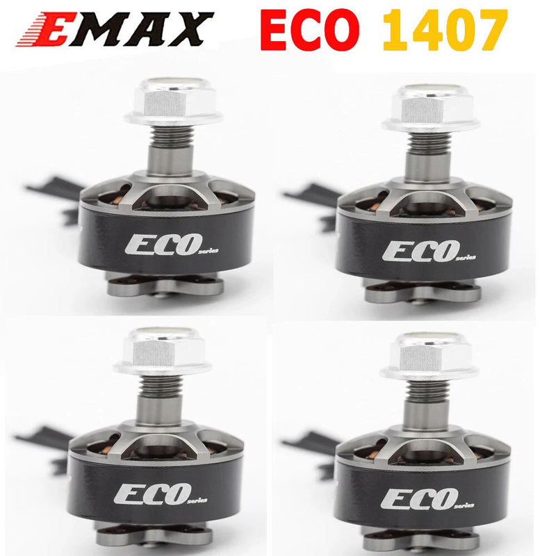 Emax ECO brushless RC motor with silver shaft and black housing, four mounting holes