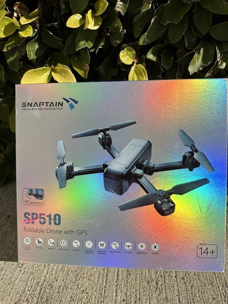 SNAPTAIN SP510 foldable GPS drone box showing quadcopter and 2.7K camera