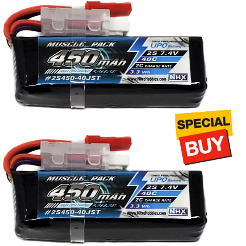 NHX Muscle Pack 2S 7.4V 450mAh 40C Lipo Battery w/ JST Connector (2) Battery