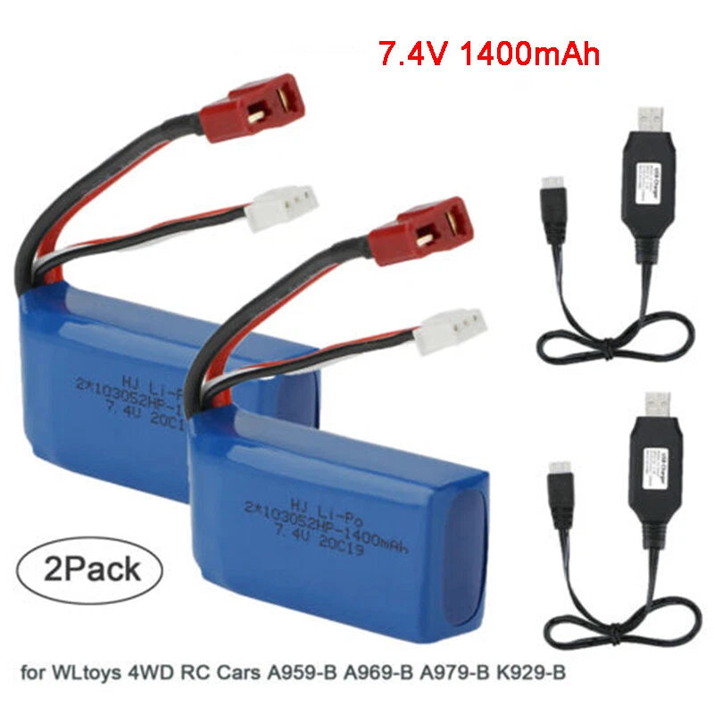 2Pc 7.4V 1400mAh Lipo Battery 2S T plug Deans Connector With USB Charger For Toy