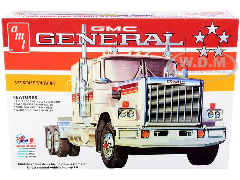 1/25 scale GMC General truck tractor model kit box with features and graphic front view