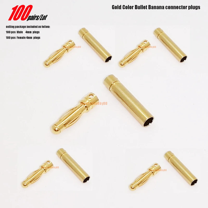 Gold bullet banana plug connectors with 4mm banana-style sockets, set of 100 pairs