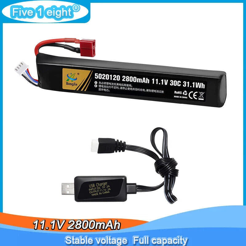 11.1V 2800mAh LiPo battery with T-plug and red/black wire leads, plus USB charger