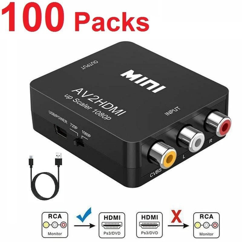 Wholesale LOT 100 x Portable CVBS AV RCA to HDMI Converter Box Adapters AV2HDMI