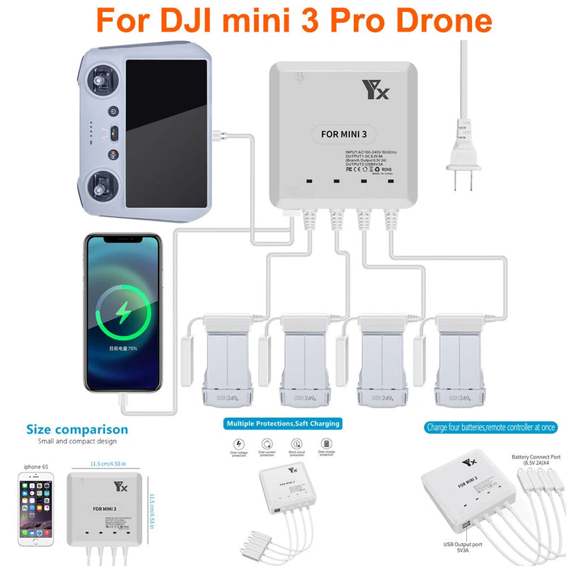 White multi-battery fast charger with cable and plug for drone batteries